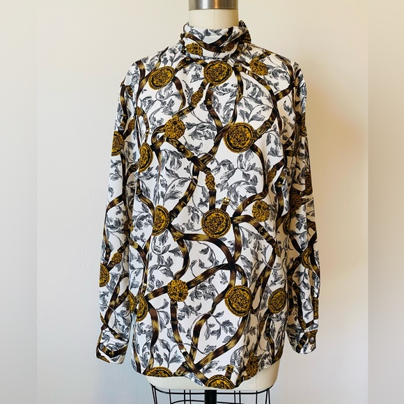 80’s/90’s Coin/Crest Belt Print Blouse - Picture 2 of 12